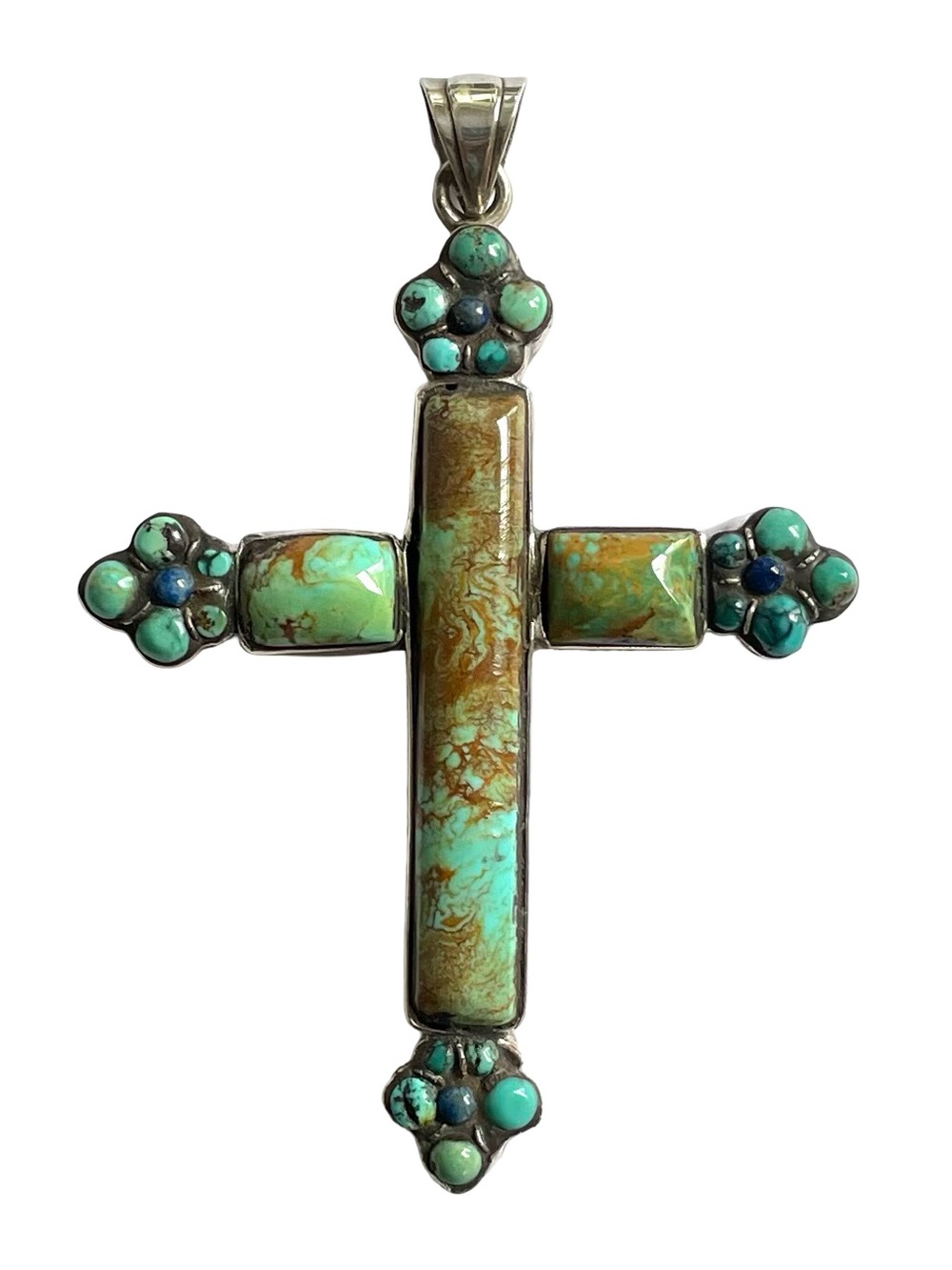 Large Vintage Southwestern Turquoise And Sterling Silver Cross Pendant